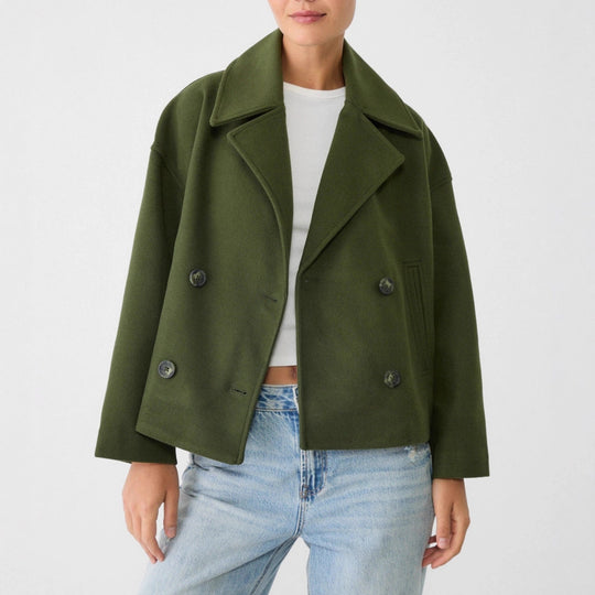 Damen nan kurz geschnittener Zweireiher Wollmix-Peacoat mit überbreitem Revers und kastiger Silhouette EB