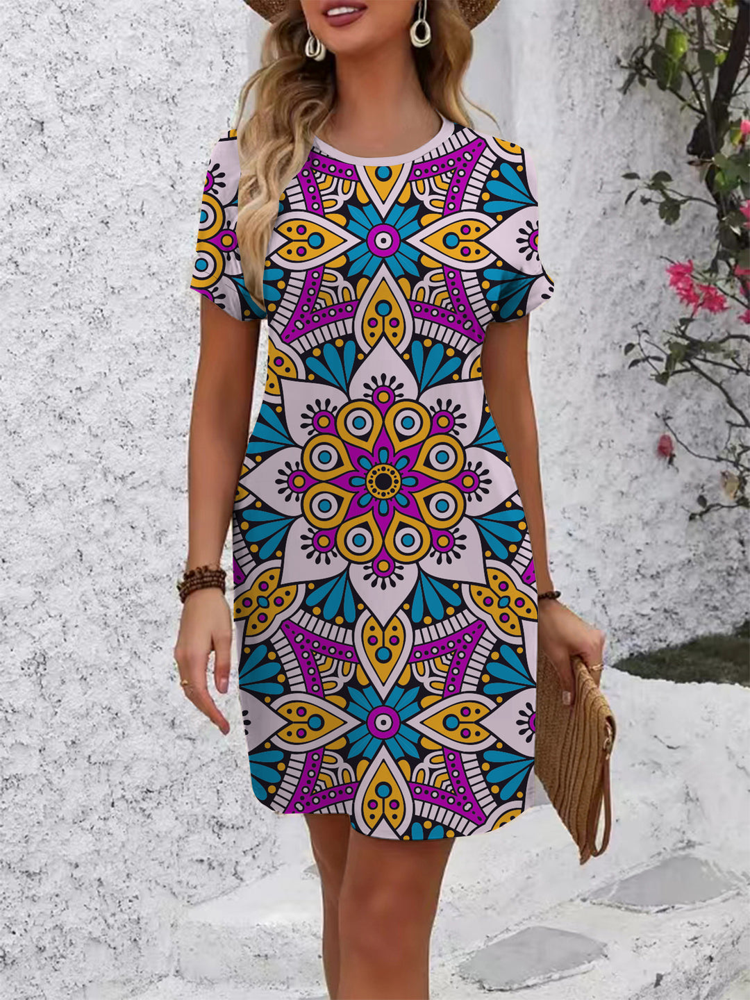Damen farbenfrohes Mandala Kleid im lässigen Schnitt EB