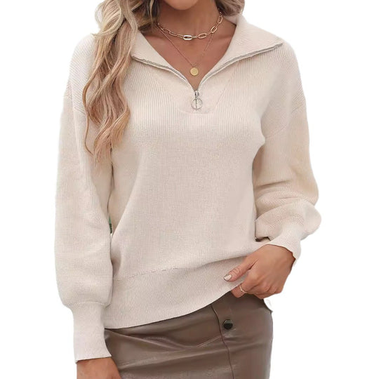 Damen lässiger Pullover mit modernem Zip-Kragen und volumetrischen Ärmeln EB