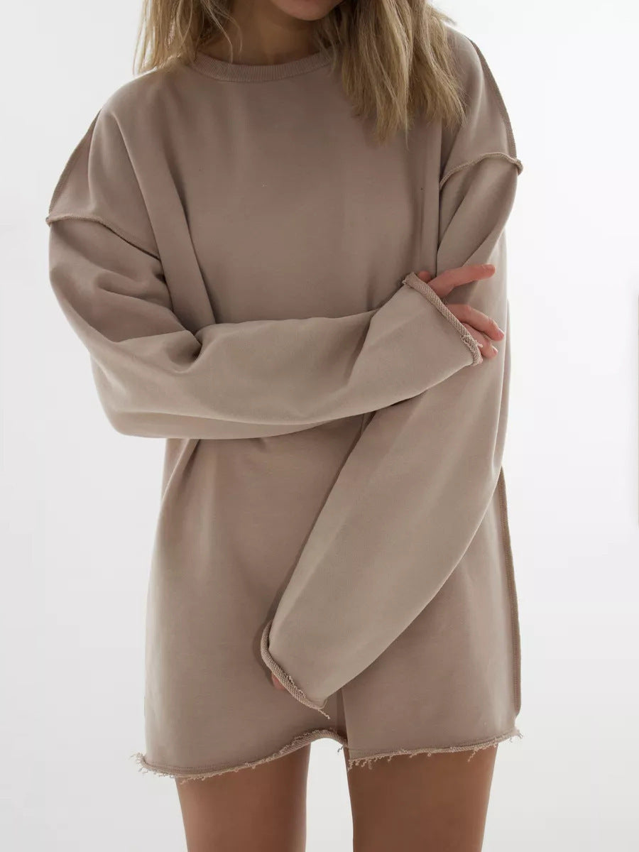 Damen oversized Sweatshirt mit ausgefranstem Saum und verlängerten Ärmeln EB