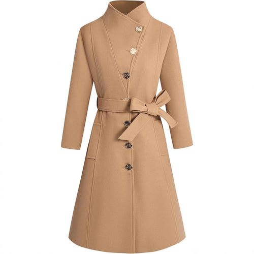 Damen eleganter Wrap-Mantel mit ausgefallenem Kragen und Gürtel EB