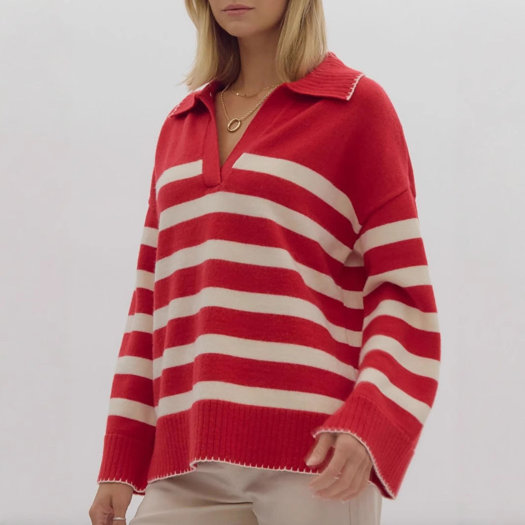 Damen kuschelige Strickpullover mit modernem Streifenmuster und V-Ausschnitt EB