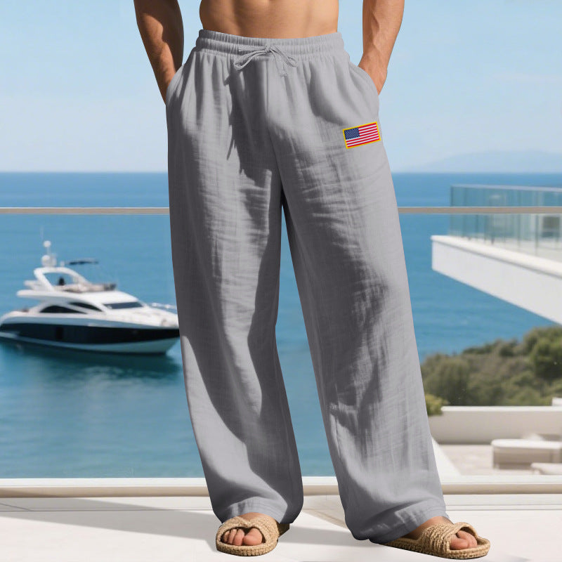 Herren nan lässige Leichtgewicht-Loungehose mit Tunnelzugbund, weitem Bein und Flaggen-Patch EB