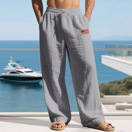 Herren nan lässige Leichtgewicht-Loungehose mit Tunnelzugbund, weitem Bein und Flaggen-Patch EB