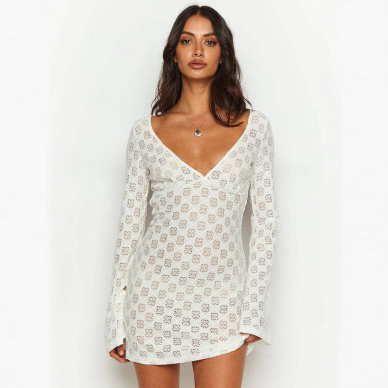 Damen Spitzen-Kleid mit V-Ausschnitt und langen Ärmeln EB