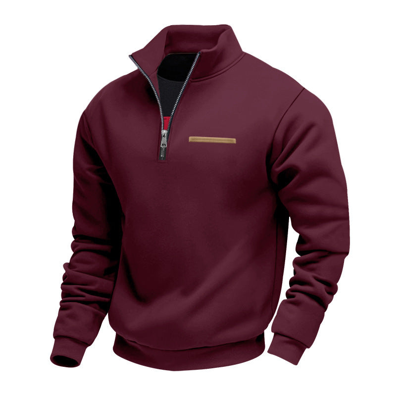 Herren nan Sweatshirt mit halbem Reißverschluss, Stehkragen und Brust-Welttasche EB