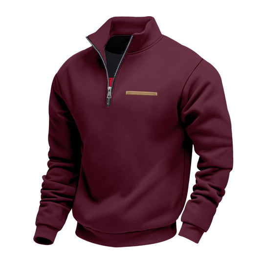 Herren nan Sweatshirt mit halbem Reißverschluss, Stehkragen und Brust-Welttasche EB