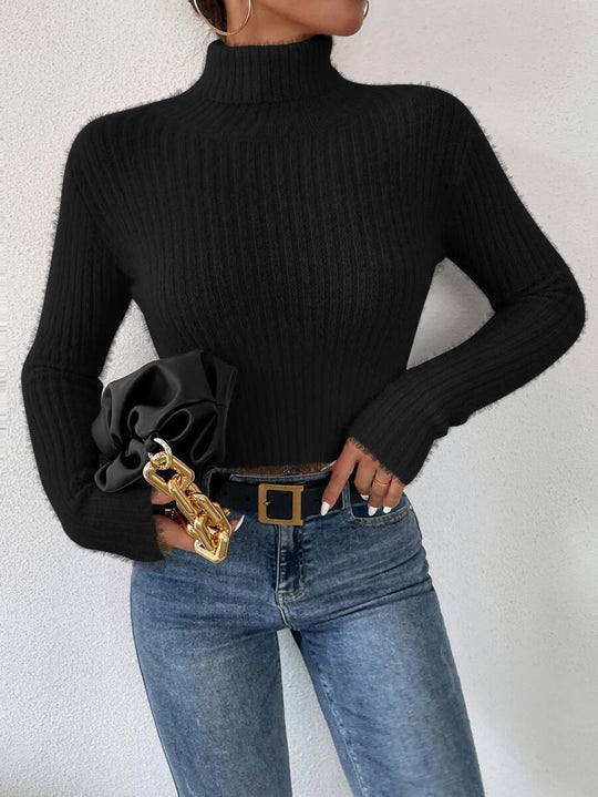 Damen Feinstrickpullover mit Stehkragen und modernem Rippdesign EB