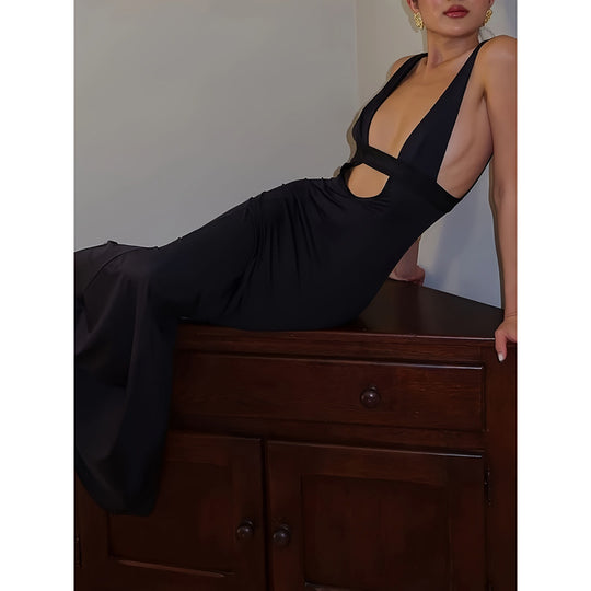 Damen Maxikleid mit tiefem V-Ausschnitt und eleganter Taillierung EB