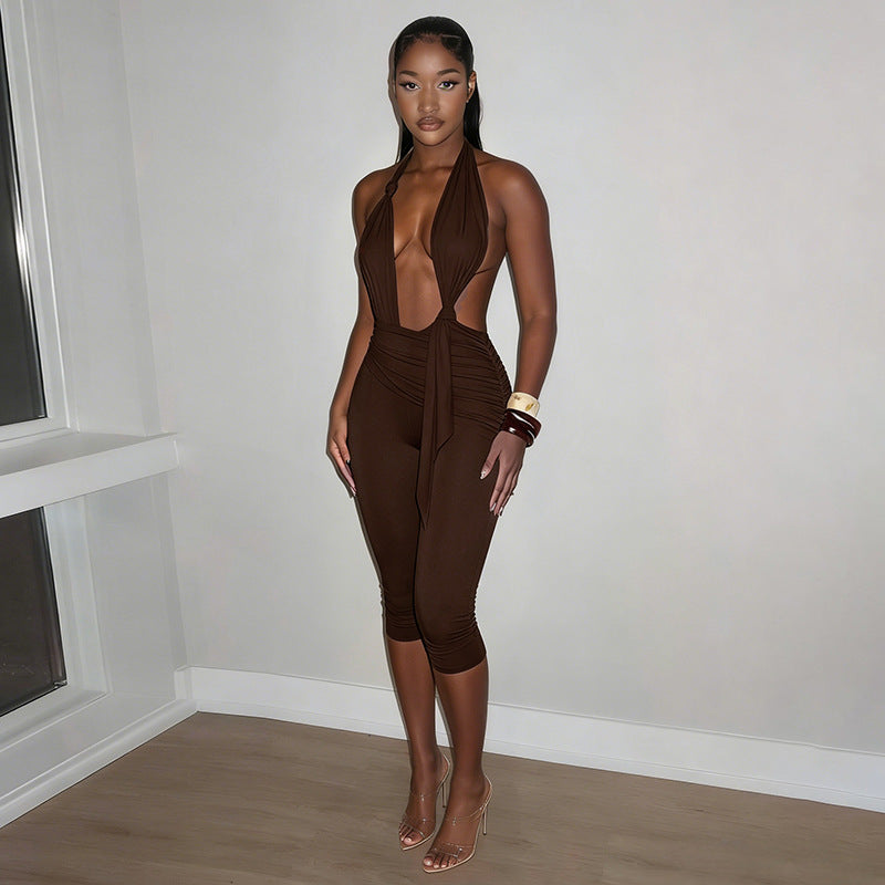 Damen Eleganter Jumpsuit mit tiefem V-Ausschnitt und figurformendem Design EB