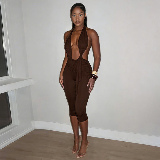 Damen Eleganter Jumpsuit mit tiefem V-Ausschnitt und figurformendem Design EB