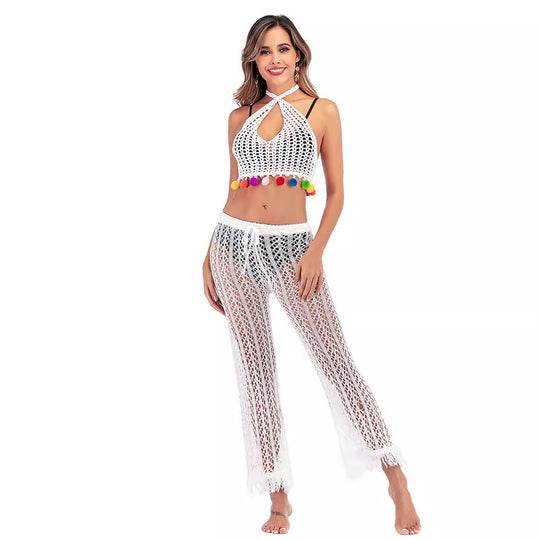 Damen Häkelstrickhose mit fransigen Säumen und hohem Bund EB