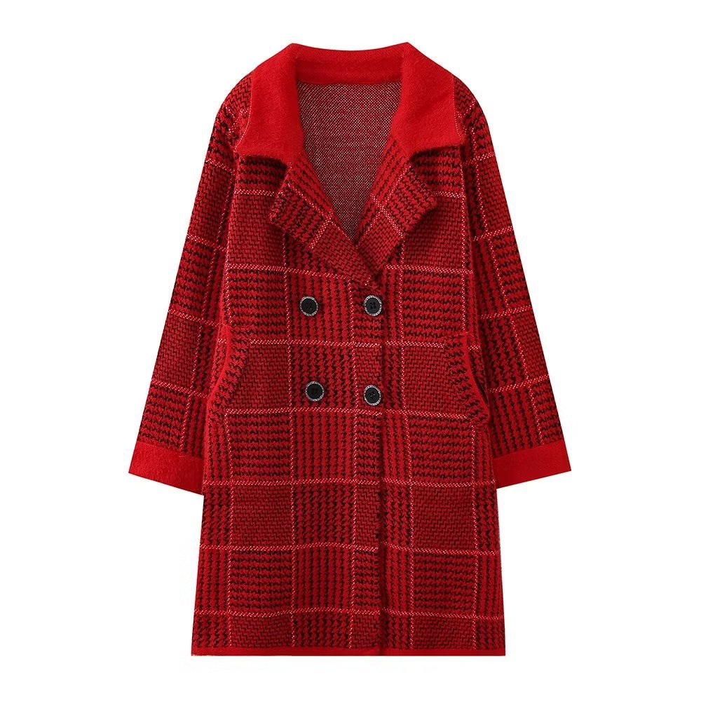 Damen modische Übergangsjacke mit strukturiertem Karomuster und eleganter Knopfleiste EB