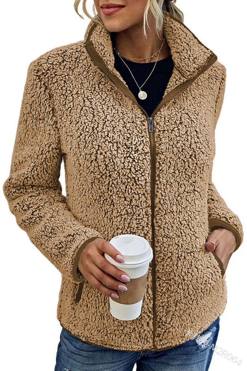 Damen Flauschige Fleecejacke mit hohen Kragen und seitlichen Taschen EB