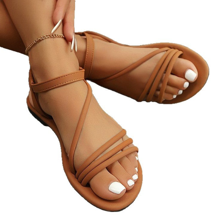 Damen flache Riemchensandalen mit flexiblem Fußbett und modischem Schnallenakzent EB