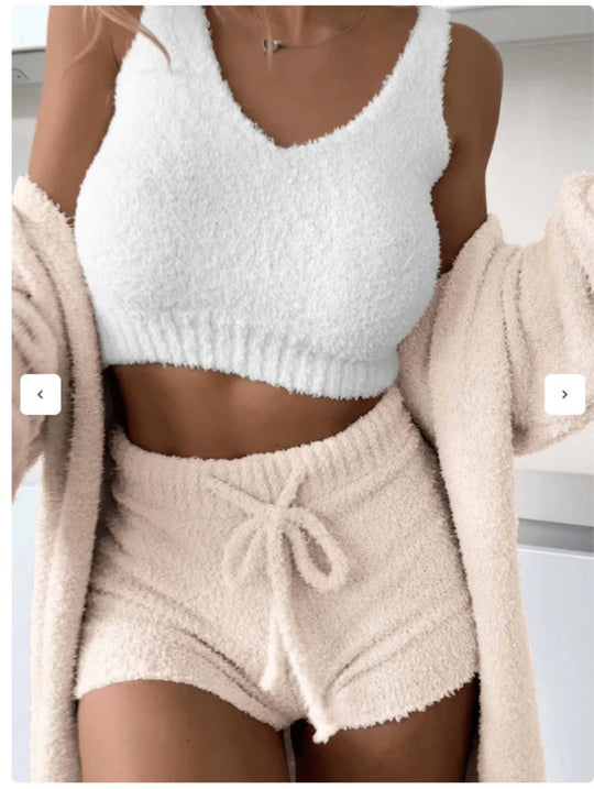 Damen kuscheliges Lounge-Set mit Cropped Top und Shorts EB