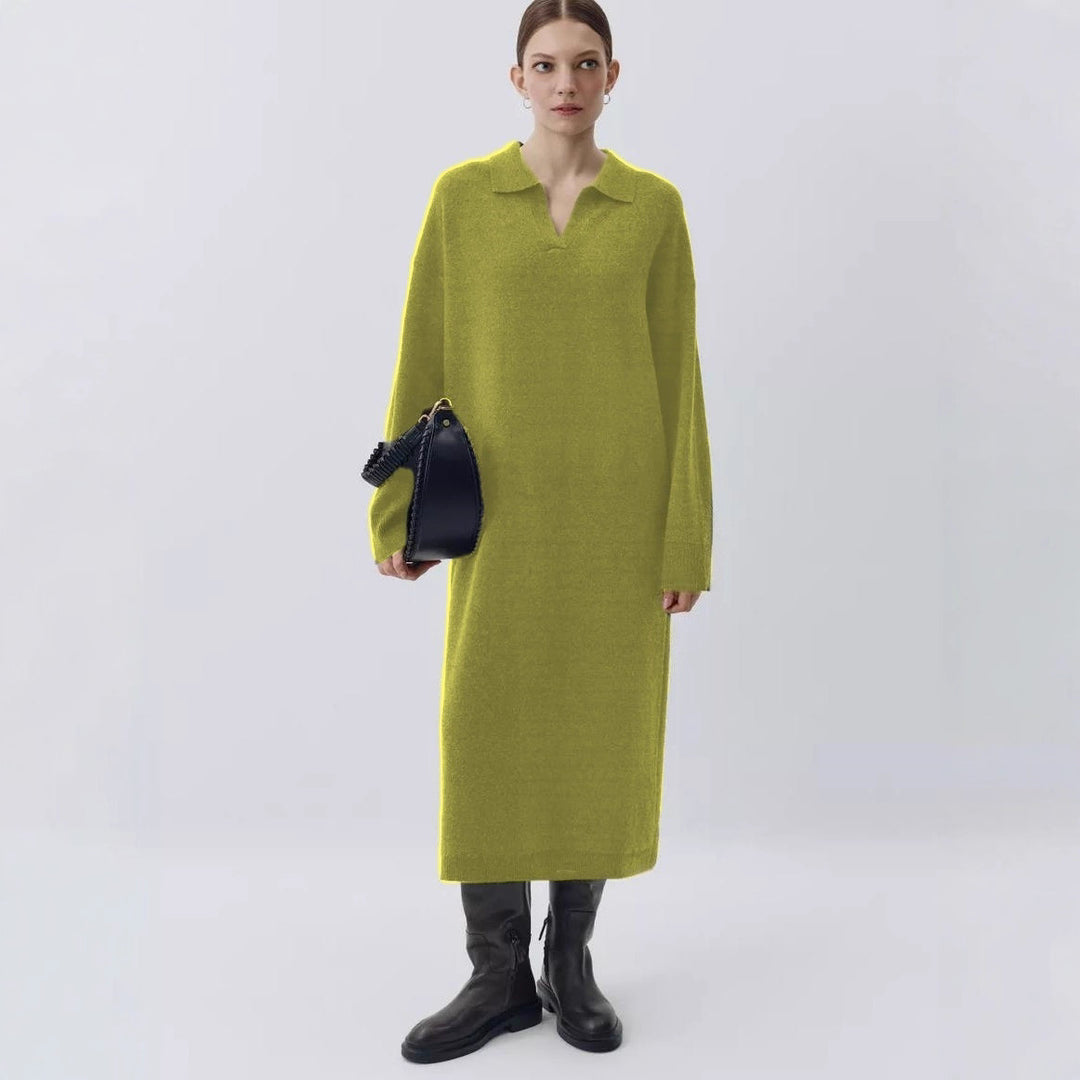 Damen Übergröße Strickkleid mit modernem Polokragen und langen Ärmeln EB