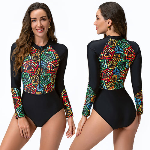 Damen Sportlicher Langarm-Schwimmanzug mit buntem Grafikdesign EB