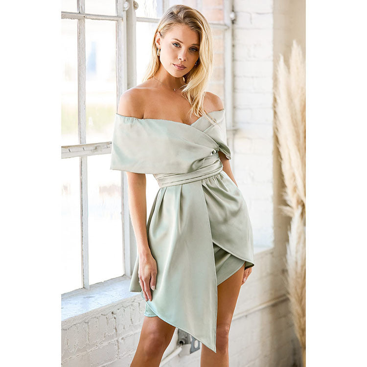 Damen Elegantes Wickelkleid mit Schulterfreies Design und Taillengürtel EB