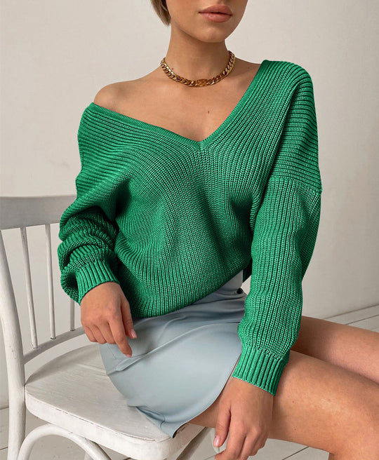 Damen Modischer Strickpullover mit tiefem V-Ausschnitt und schmeichelhaftem Schnitt EB