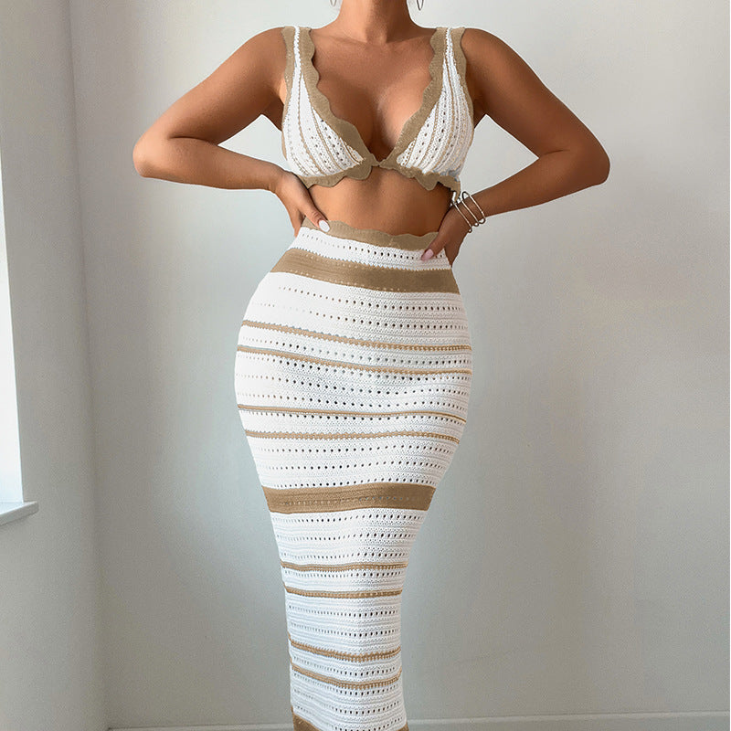 Damen Häkel-Crop-Top und Maxirock Set EB