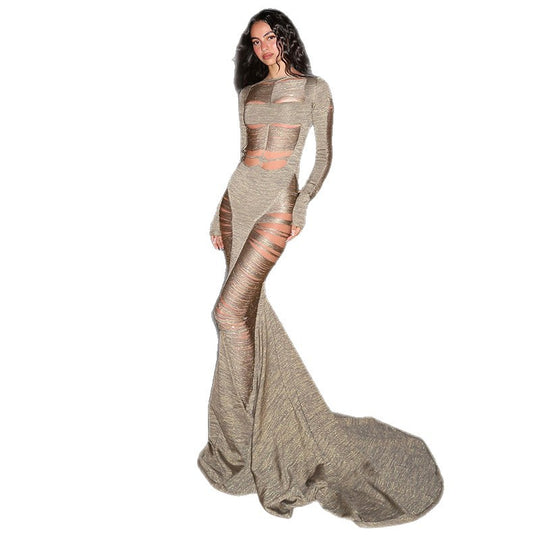 Damen Elegantes und sexy Maxikleid mit transparenten Einsätzen EB