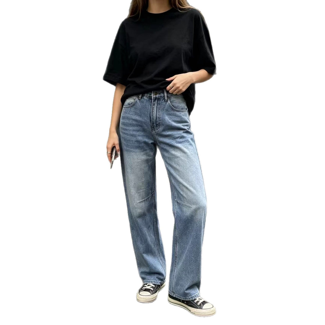 Damen nan hochgeschnittene weite Jeans mit geradem Bein, Knieabnähern und klassischem Five‑Pocket‑Schnitt EB