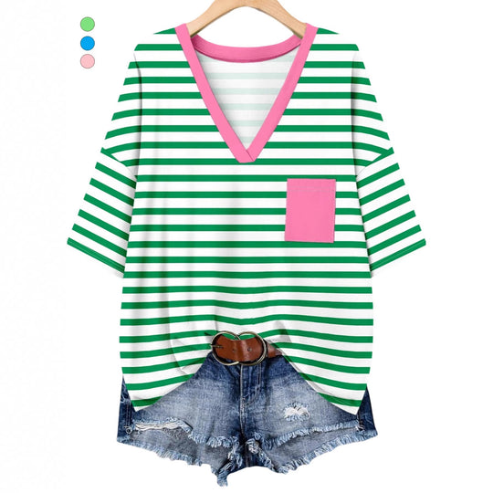 Damen lässiges V-Neck T-Shirt mit Streifen-Design EB
