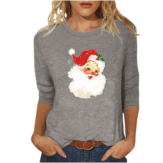 Damen nan lässiges Sweatshirt mit nostalgischem Weihnachtsmannprint und dreiviertelärmeln EB