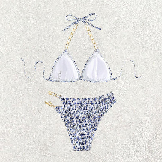 Damen Triangel-Bikini mit künstlerischem Muster und verstellbaren Ketten EB