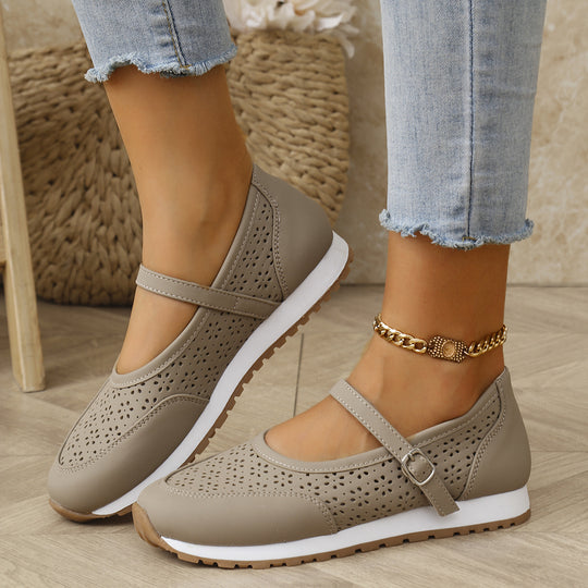 Damen bequeme und atmungsaktive Ballerinas mit Riemen und perforiertem Design EB