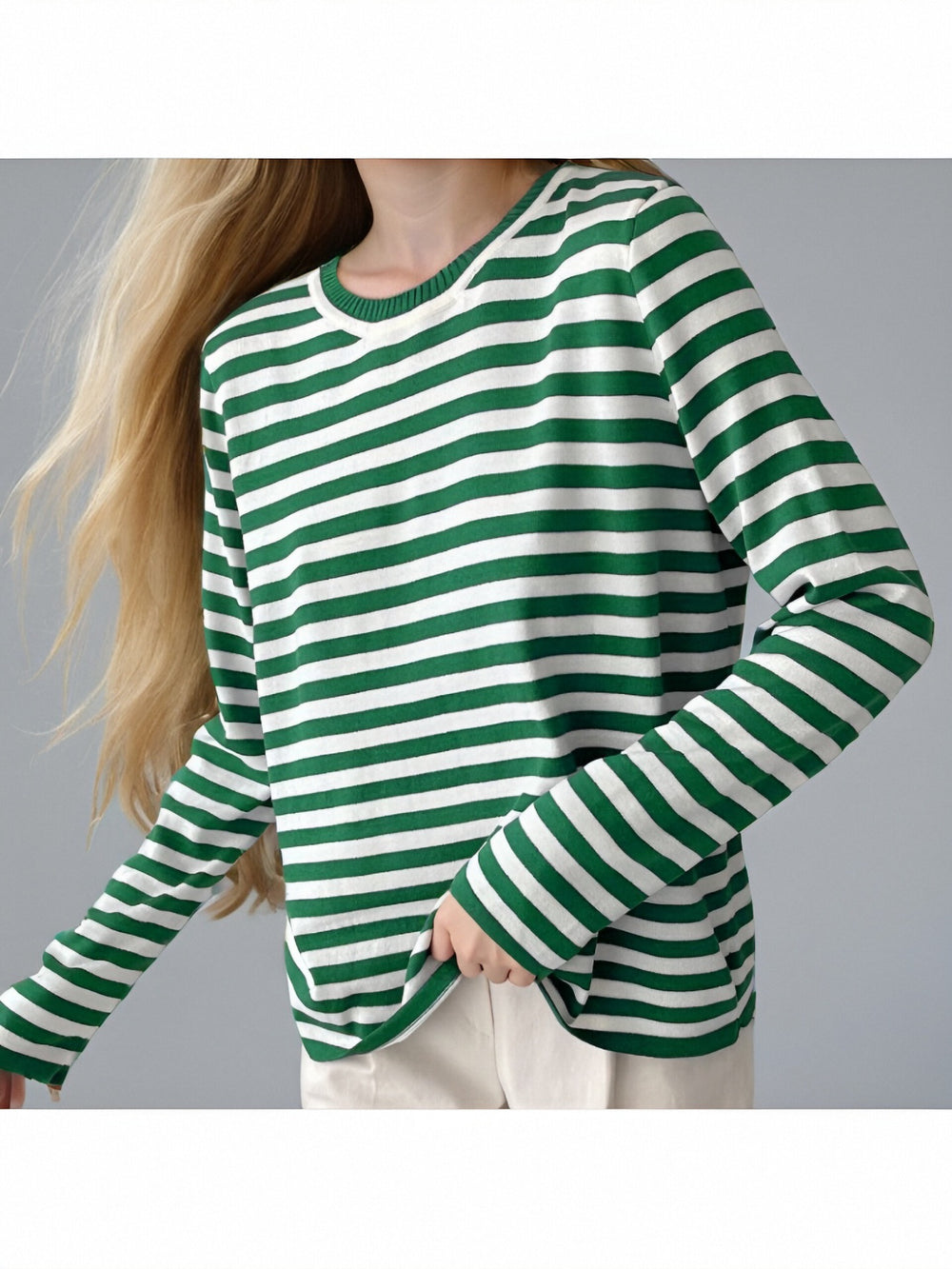 Damen gestreifter Langarmpullover mit Rundhalsausschnitt und lässigem Schnitt EB