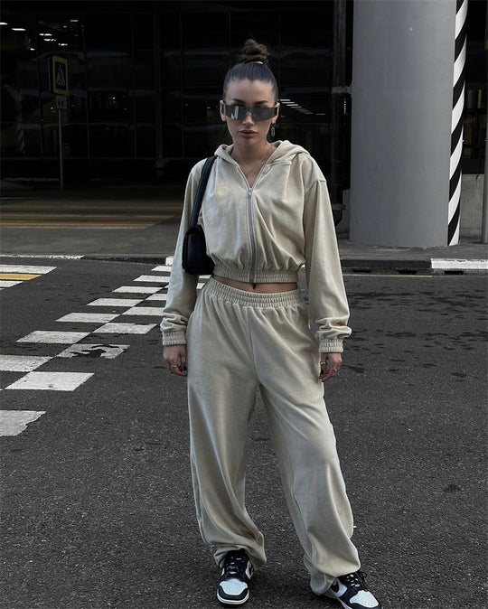 Damen nan Samt-Trainingsanzug zweiteilig mit cropped Kapuzenjacke und hoher Taille Jogginghose EB