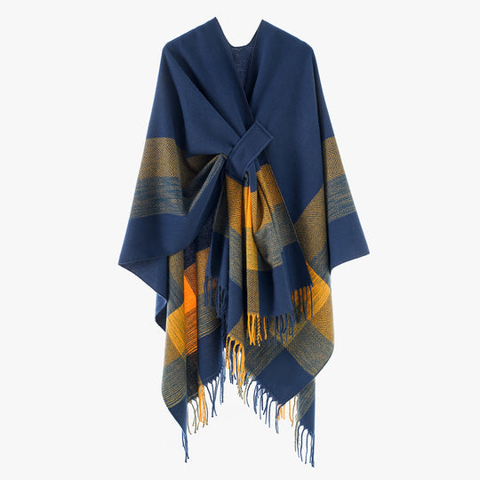 Damen Cape‑Poncho aus Wollmix mit Schlitzgürtel, geometrischem Jacquard und Fransensaum EB