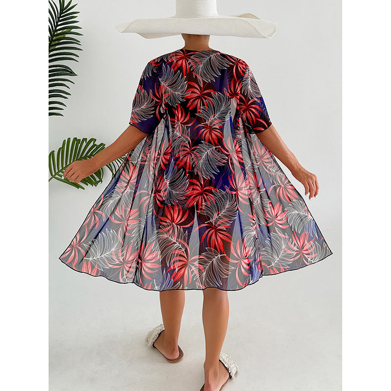 Damen Bademantel mit floralem Design und kurzen Ärmeln EB