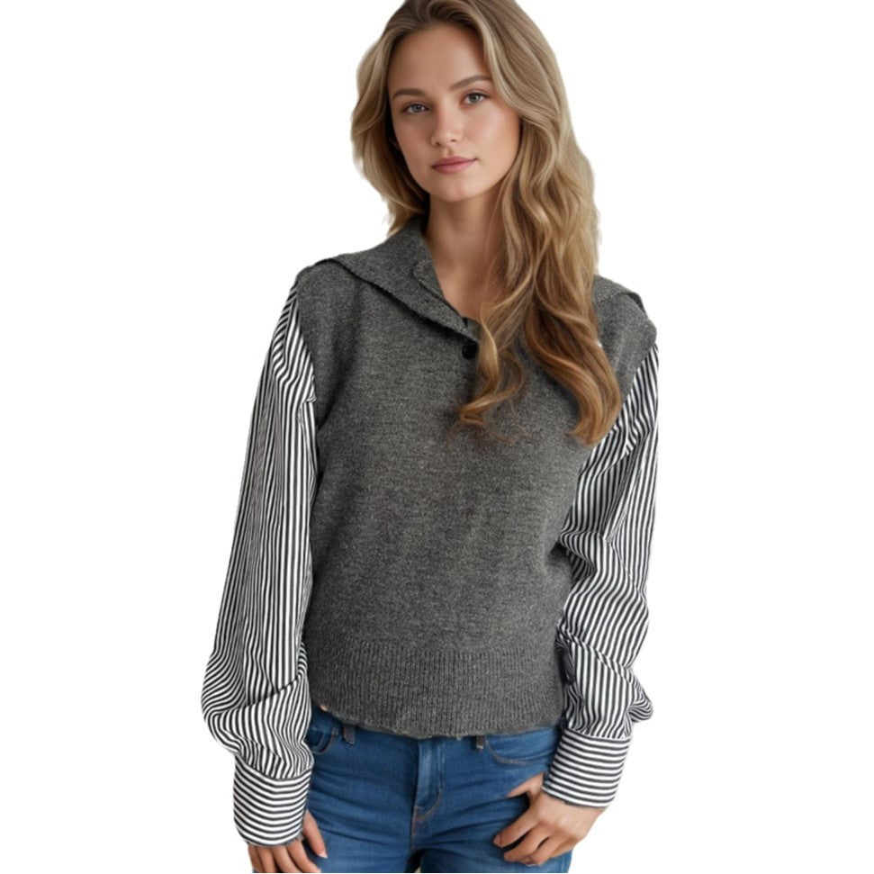 Damen Strickpullover mit modernem Kragen und eleganten gestreiften Ärmeln EB