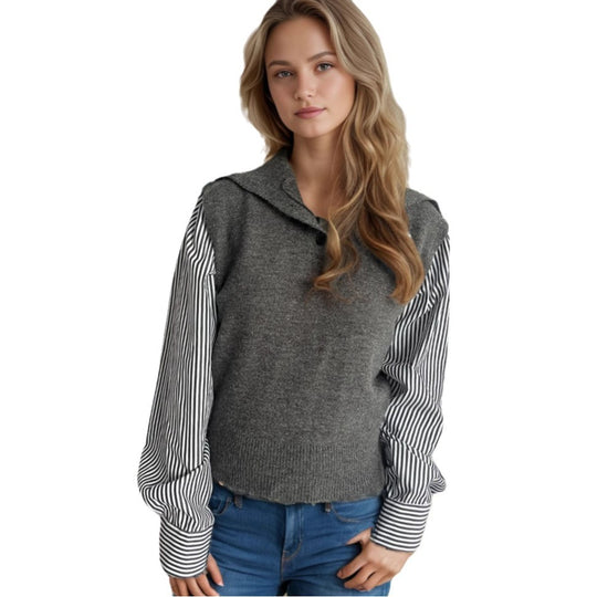 Damen Strickpullover mit modernem Kragen und eleganten gestreiften Ärmeln EB