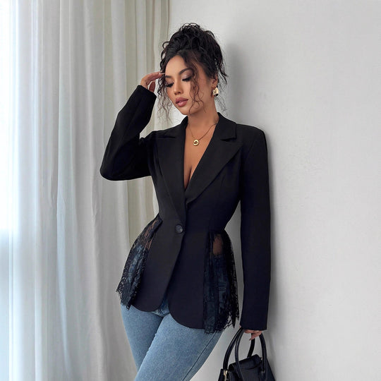 Damen nan taillierter Blazer mit Spitzenbesatz und tiefem V-Ausschnitt EB
