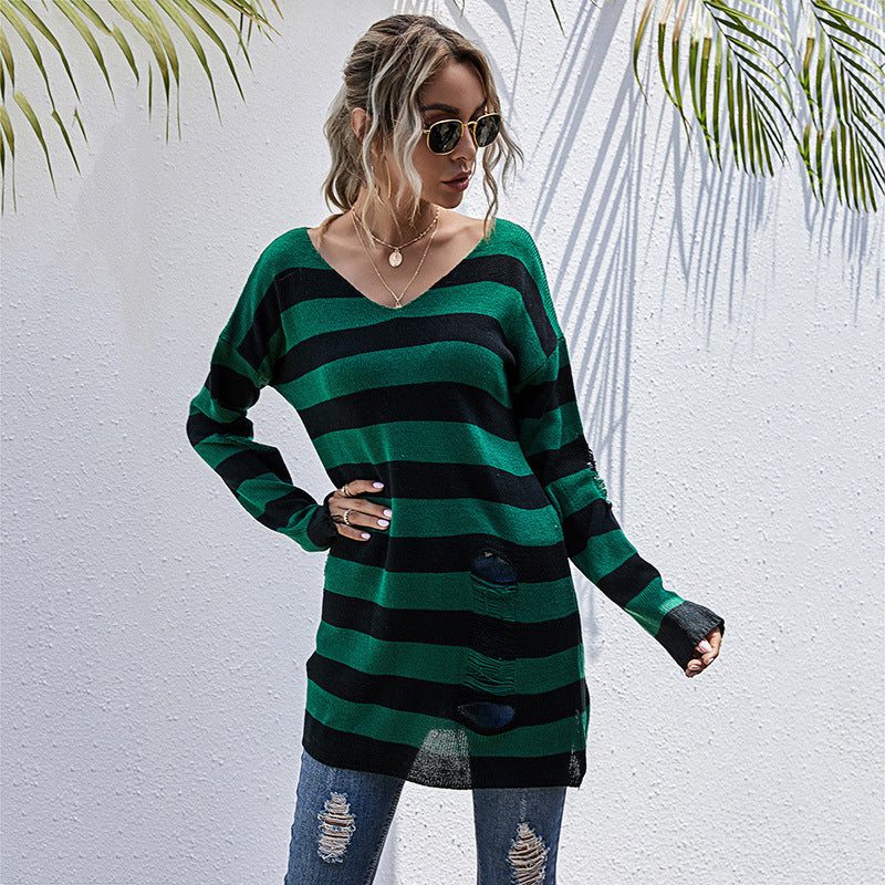 Damen gestreifter Oversized Pullover mit tiefem V-Ausschnitt und trendigen Cut-Outs EB