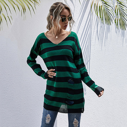 Damen gestreifter Oversized Pullover mit tiefem V-Ausschnitt und trendigen Cut-Outs EB