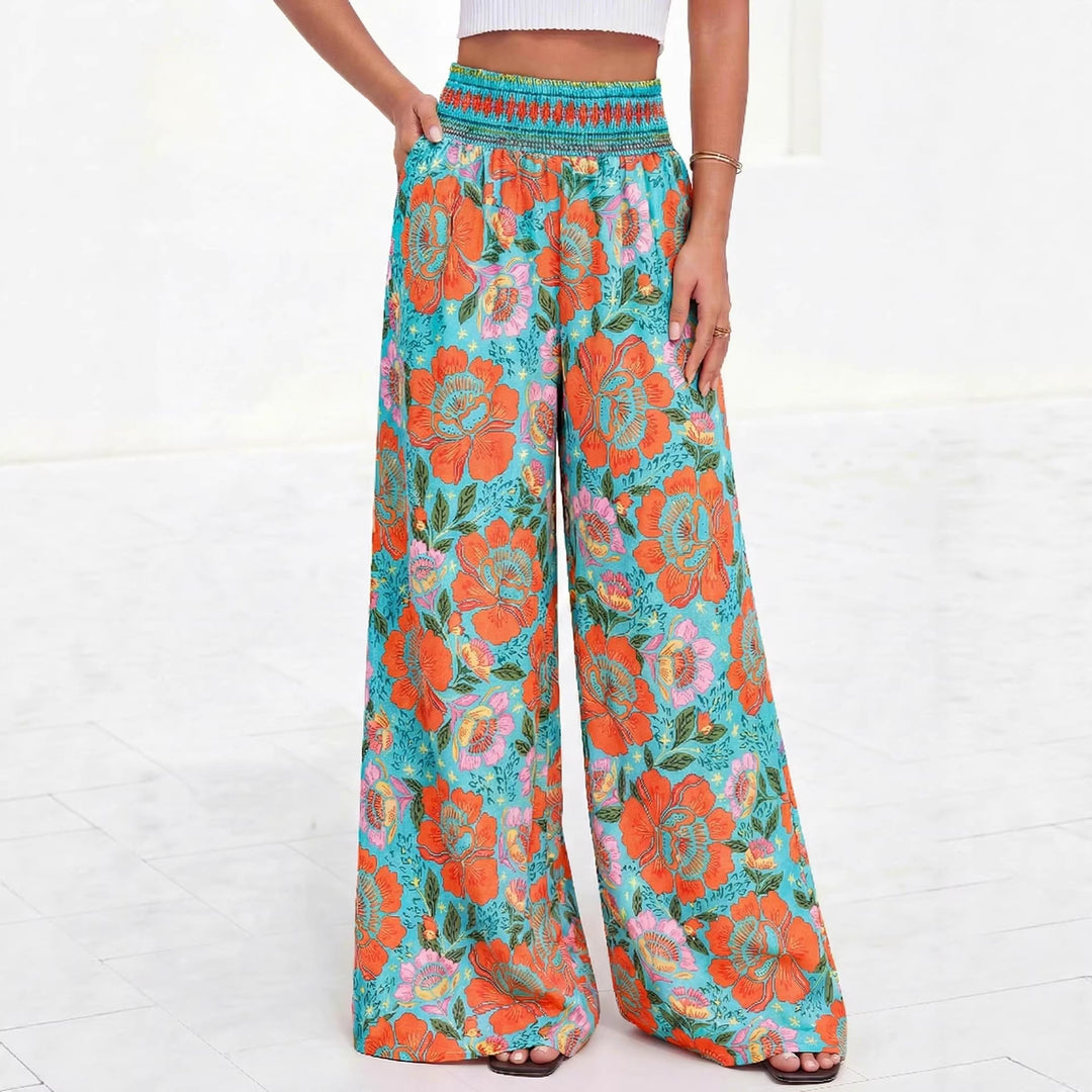 Damen luftige Palazzo-Hose mit floralen Mustern und elastischem Bund EB