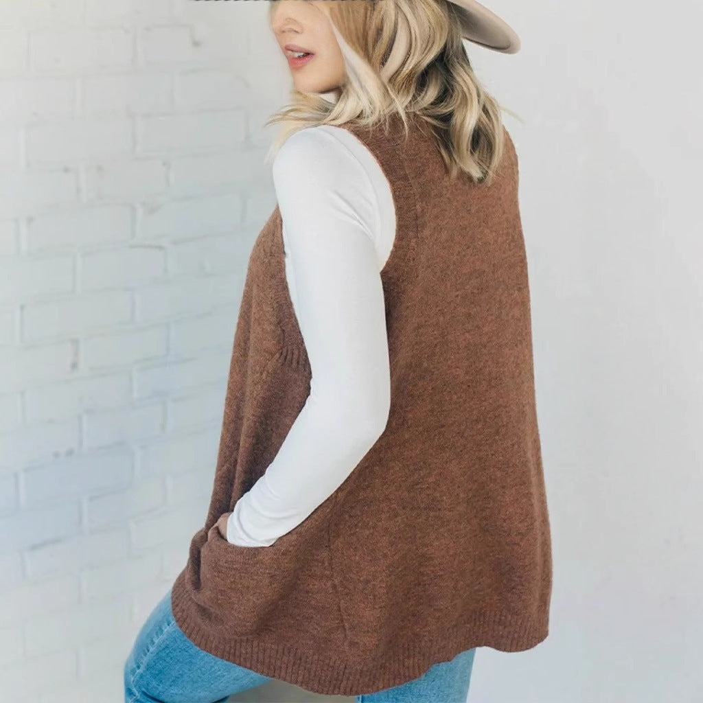 Damen Modische Strickweste mit V-Ausschnitt und praktischen Taschen EB