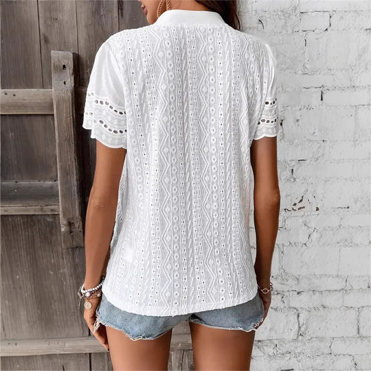 Damen elegantes Kurzarm-Bluse mit feiner Stickerei EB