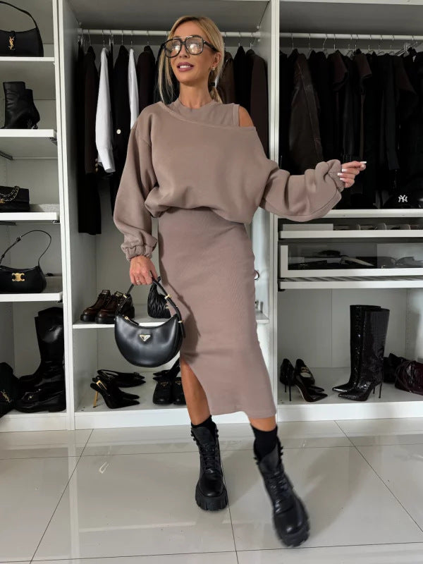 Damen modisches Sweatshirt und Midi-Rock Set EB