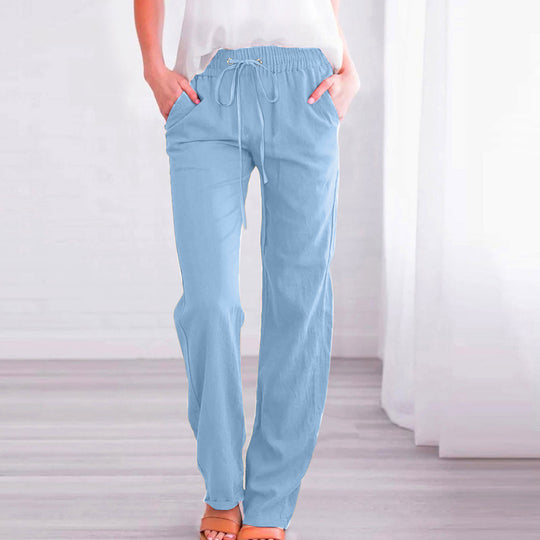 Damen Bequeme Leinen-Hose mit elastischem Bund und Taschen EB