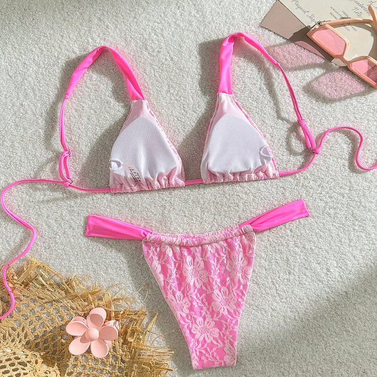 Damen Triangel-Bikini mit filigranem Floral-Design und verstellbaren Trägern EB