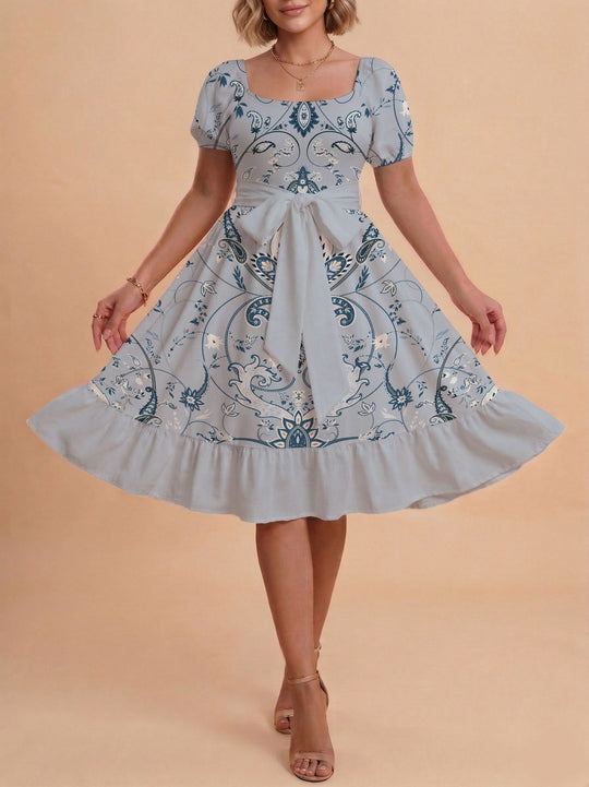 Damen Retro Maxikleid mit Puffärmeln und Taillengürtel EB