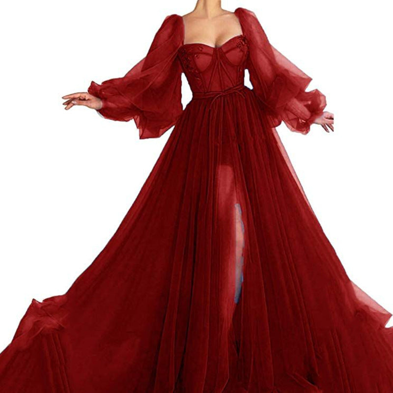 Damen Tüll Abendkleid mit voluminösen Ärmeln und seitlichem Schlitz EB
