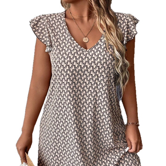 Damen lässiges Sommerkleid mit elegantem V-Ausschnitt und Rüschendetails EB