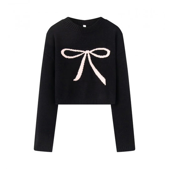 Damen Cropped Pullover mit verspieltem Schleifenmotiv EB